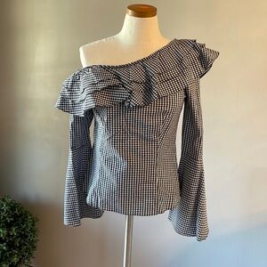 SCRIPTED BLOUSE, CHECKERED PATTERN ONE OFF SHOULDER ruffled LONG SLEEVE SZ S